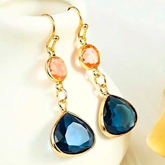 Gold Sapphire and Pink Dangle Earrings - Picture 6 of 9